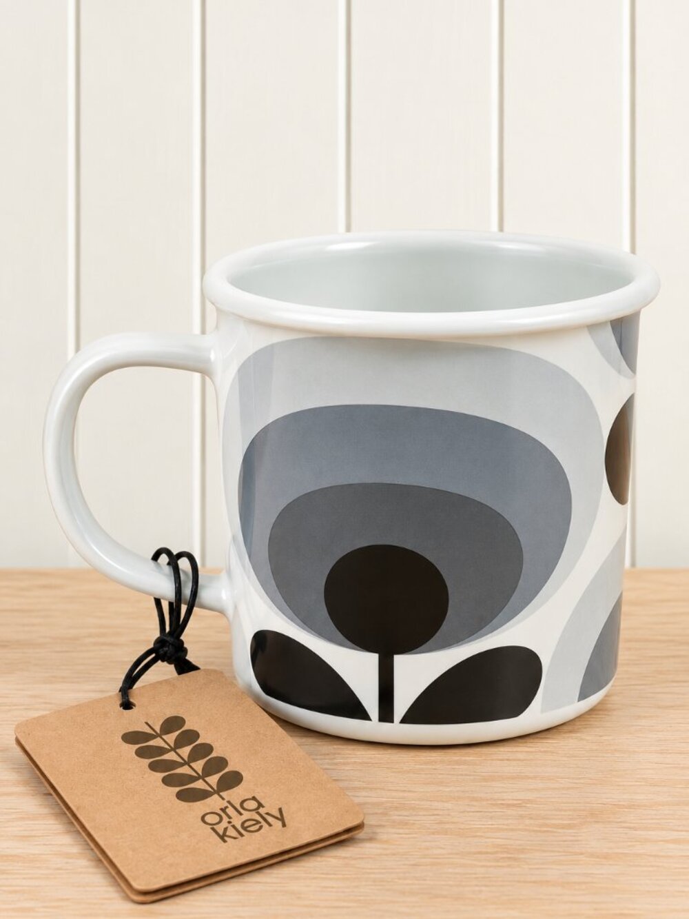 Orla Kiely Gray Metal Coffee Mug Cup 70s Flower Oval Slate Floral Retro NEW